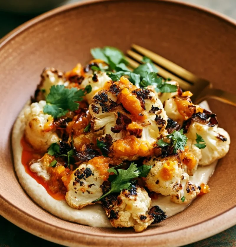 Cavolfiore arrosto con salsa Amba e Tahini su un piatto