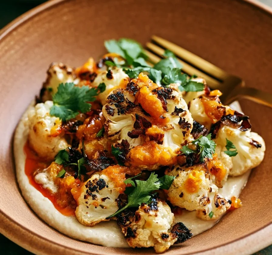Cavolfiore arrosto con salsa Amba e Tahini su un piatto