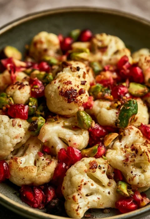 Cavolfiore con melagrana e pistacchi, piatto colorato e appetitoso