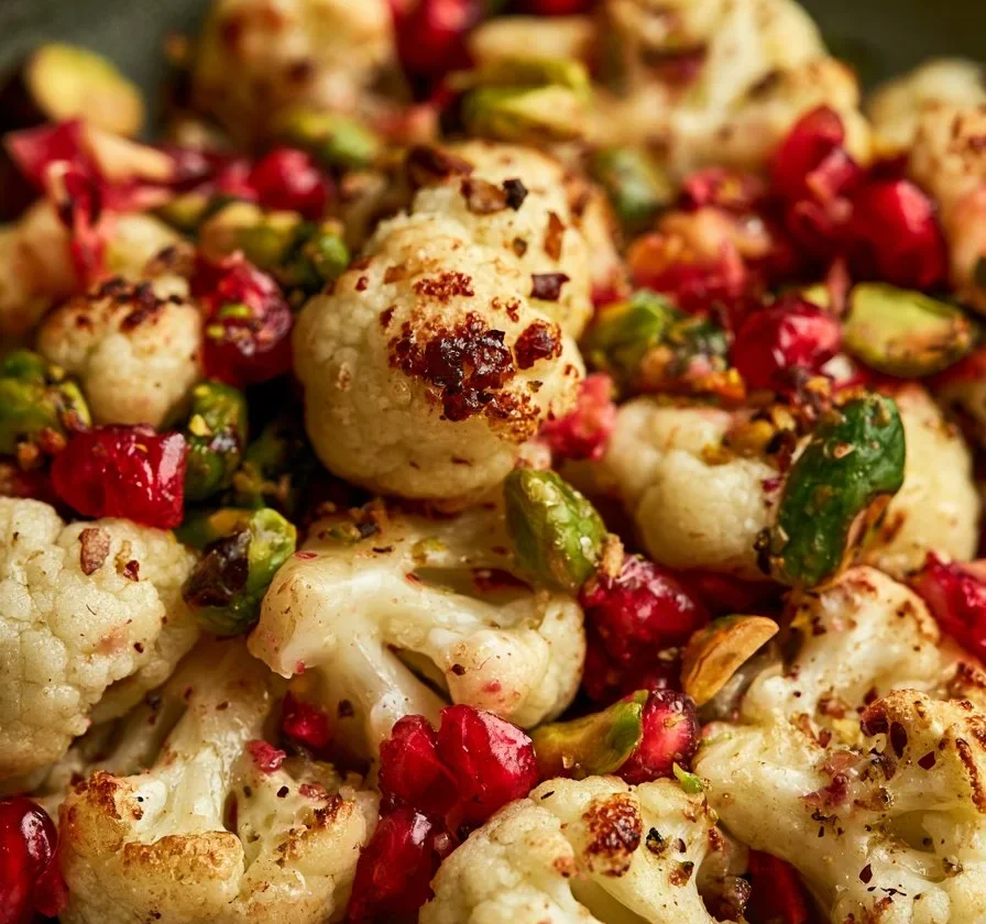 Cavolfiore con melagrana e pistacchi, piatto colorato e appetitoso