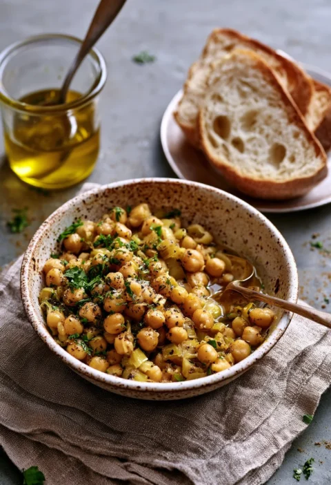 Ceci brasati con porri e cumino serviti in un piatto.