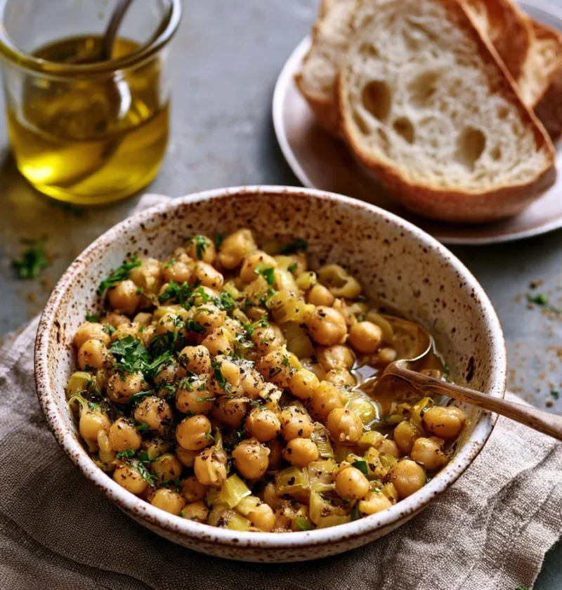 Ceci brasati con porri e cumino serviti in un piatto.