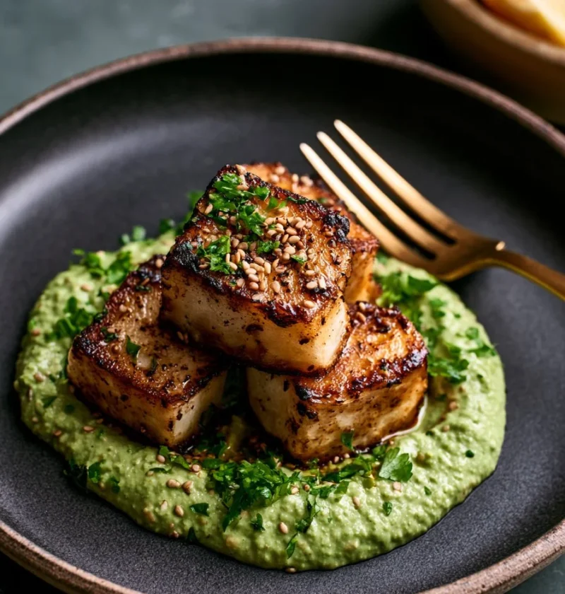 Celeriaco arrosto con salsa tahini verde, piatto salutare e delizioso