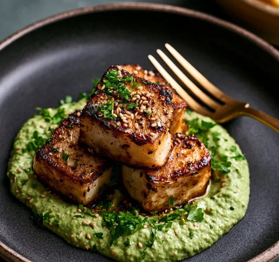 Celeriaco arrosto con salsa tahini verde, piatto salutare e delizioso