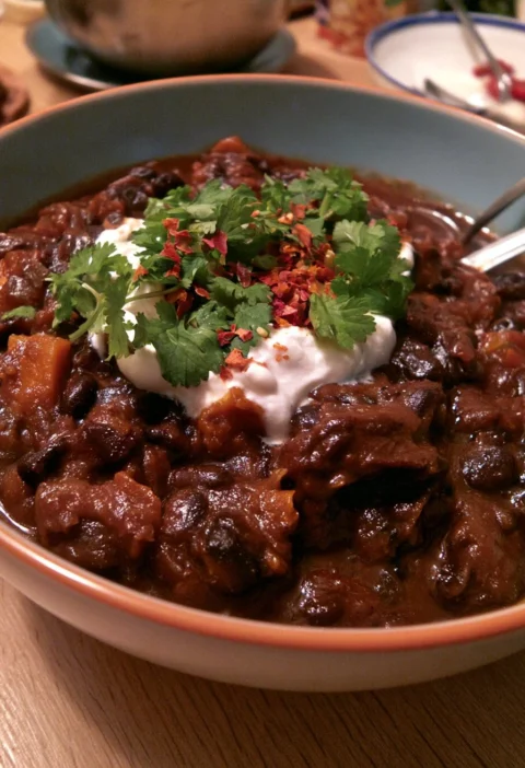 Chili di Fagioli Neri e Zucca servito in una ciotola