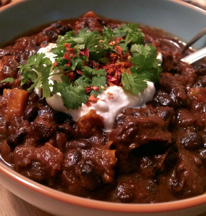 Chili di Fagioli Neri e Zucca servito in una ciotola