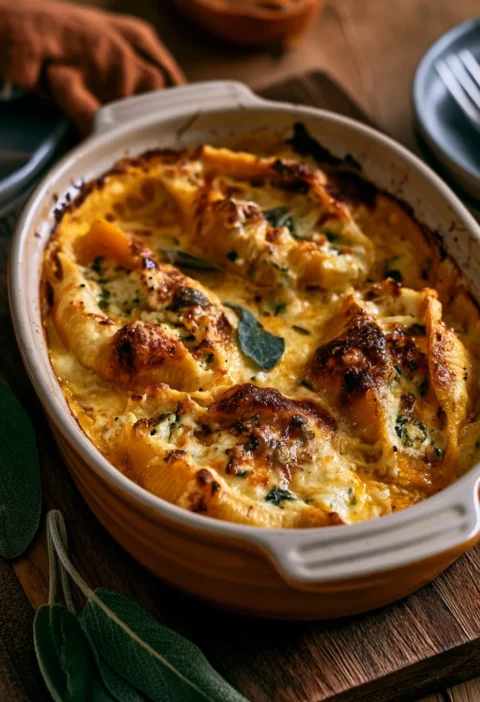 Conchiglioni di zucca ripieni di ricotta e salvia, un piatto gourmet italiano.