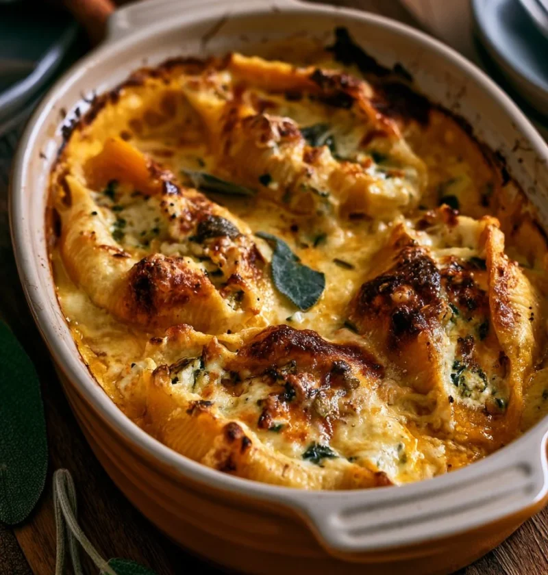 Conchiglioni di zucca ripieni di ricotta e salvia, un piatto gourmet italiano.