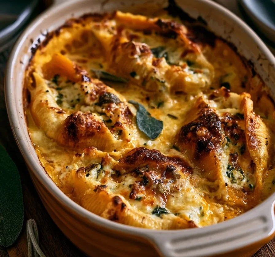 Conchiglioni di zucca ripieni di ricotta e salvia, un piatto gourmet italiano.