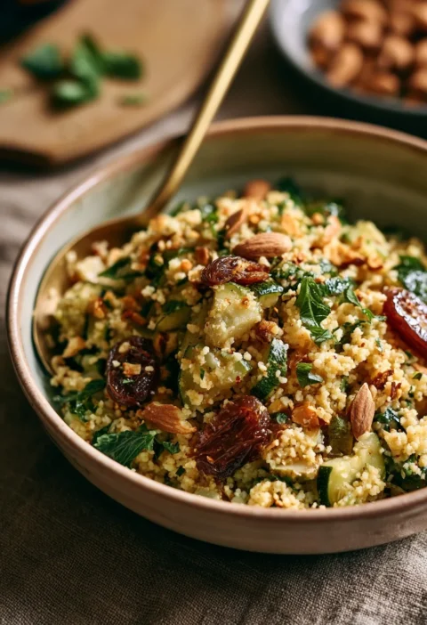 Couscous con zucchine, datteri e mandorle servito in un piatto colorato