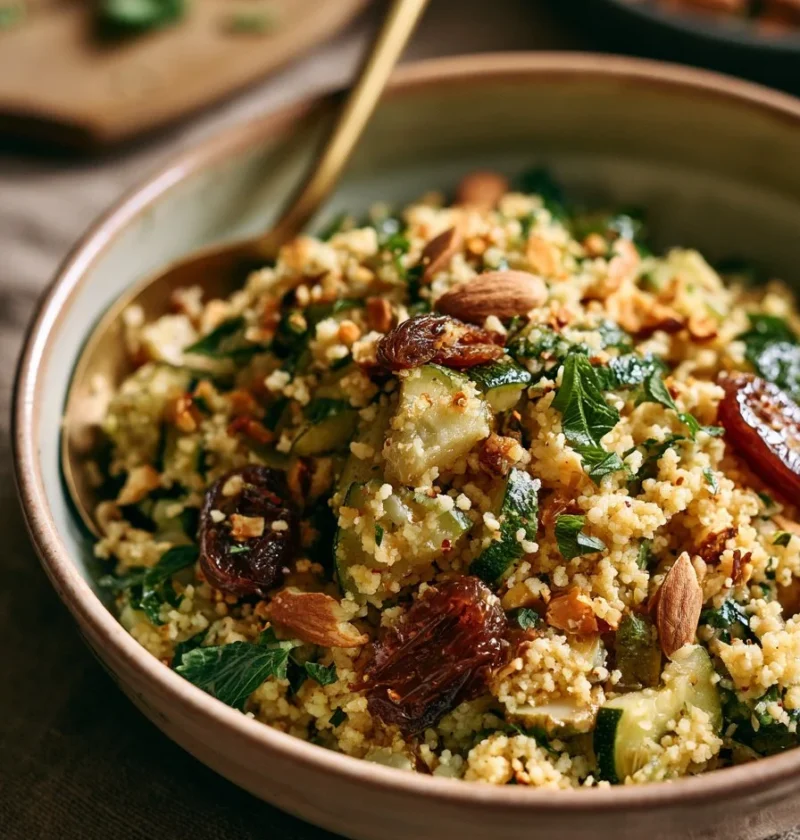 Couscous con zucchine, datteri e mandorle servito in un piatto colorato