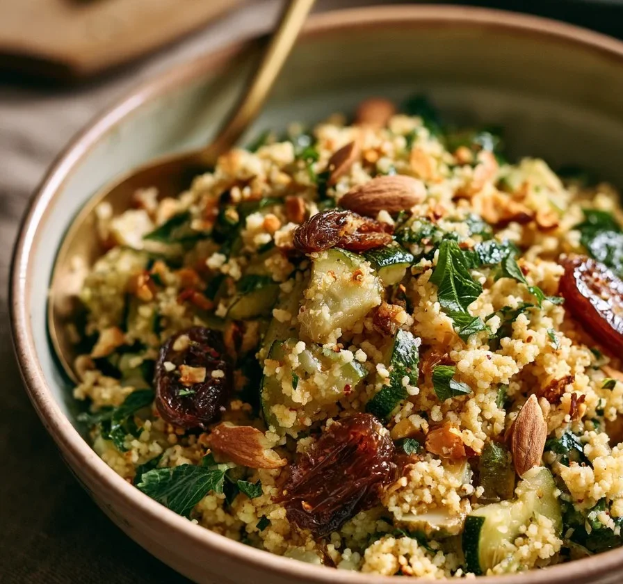 Couscous con zucchine, datteri e mandorle servito in un piatto colorato