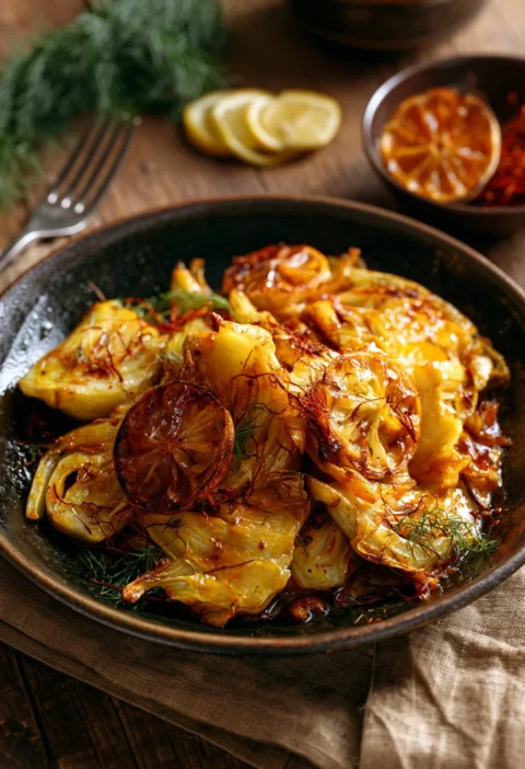 Finocchio arrosto con zafferano e limone, piatto gustoso e facile da preparare.