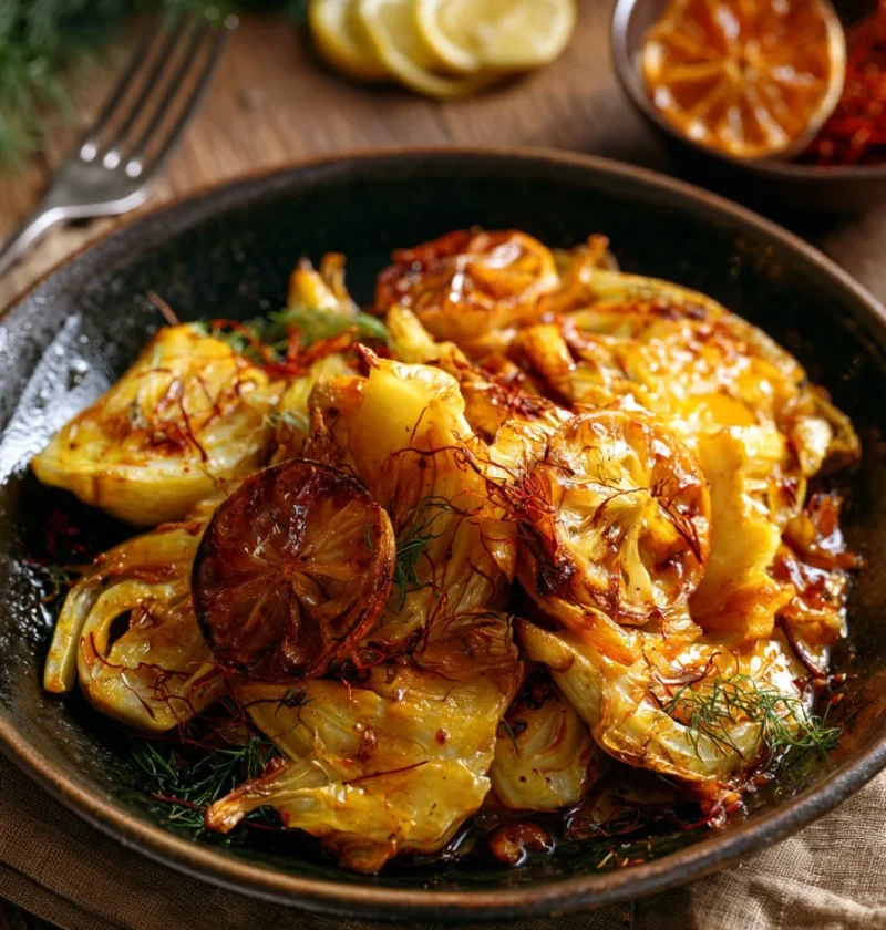 Finocchio arrosto con zafferano e limone, piatto gustoso e facile da preparare.