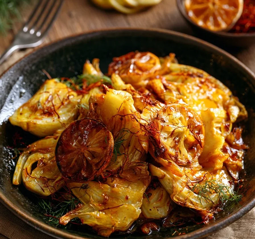 Finocchio arrosto con zafferano e limone, piatto gustoso e facile da preparare.