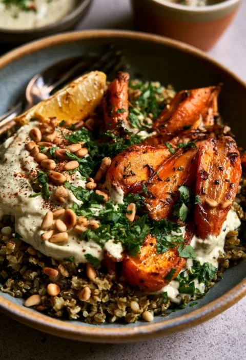 Piatto di freekeh con carote arrosto e salsa tahini in un design fresco