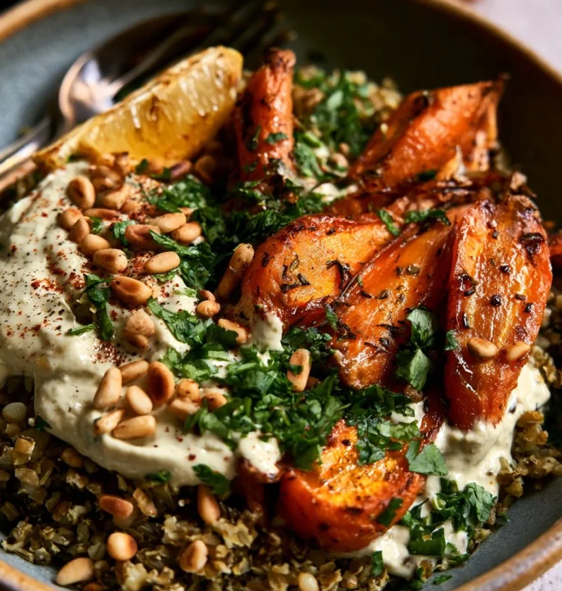 Piatto di freekeh con carote arrosto e salsa tahini in un design fresco