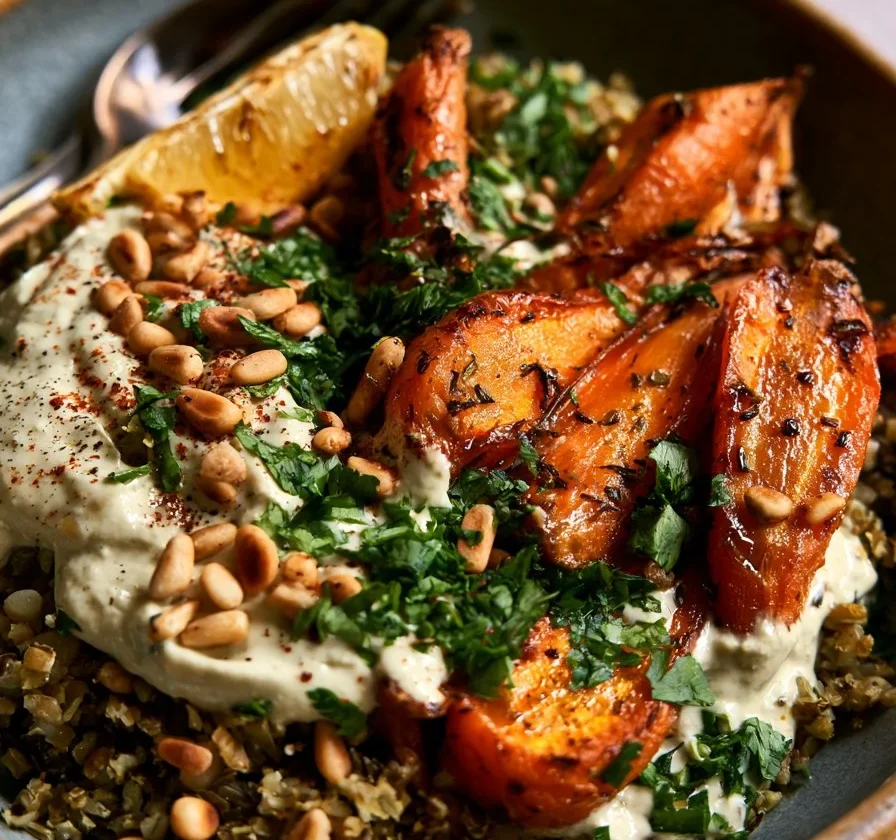 Piatto di freekeh con carote arrosto e salsa tahini in un design fresco