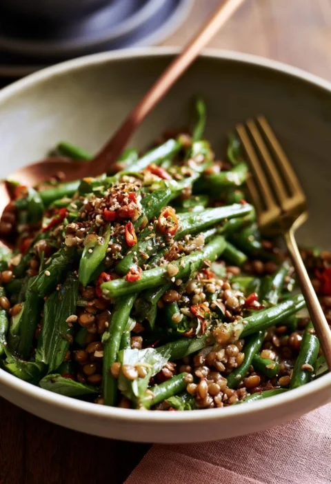 Insalata Calda di Fagiolini e Lenticchie in un piatto rustico