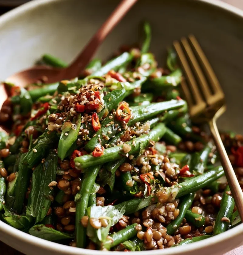 Insalata Calda di Fagiolini e Lenticchie in un piatto rustico
