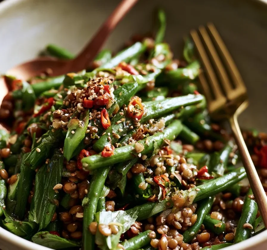 Insalata Calda di Fagiolini e Lenticchie in un piatto rustico