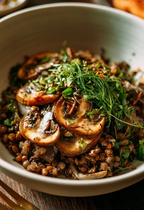Insalata calda di funghetti e lenticchie, un piatto ricco di erbe aromatiche.