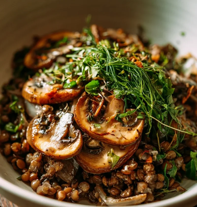 Insalata calda di funghetti e lenticchie, un piatto ricco di erbe aromatiche.