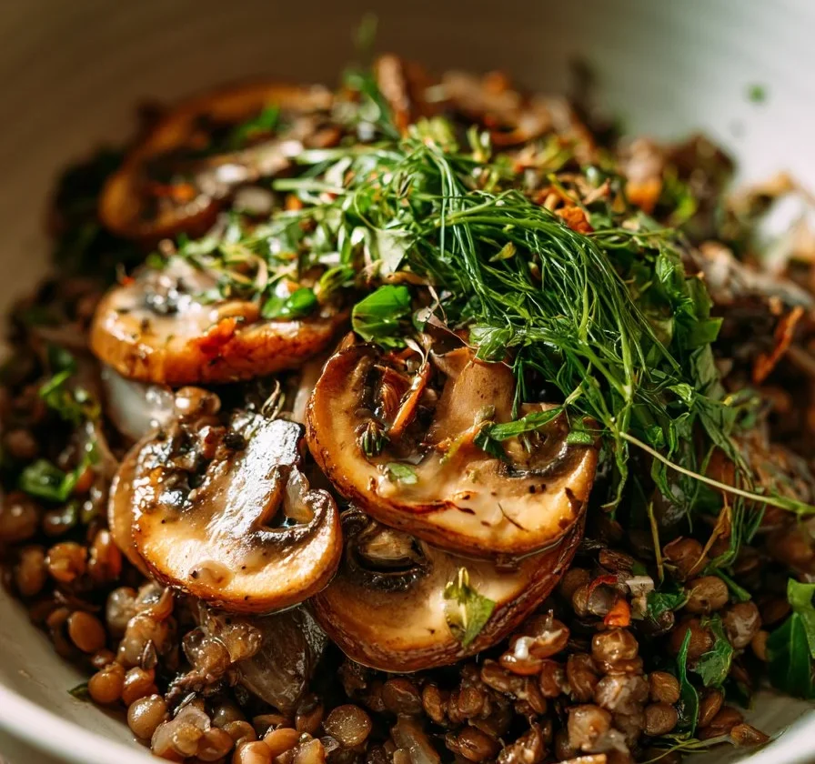 Insalata calda di funghetti e lenticchie, un piatto ricco di erbe aromatiche.