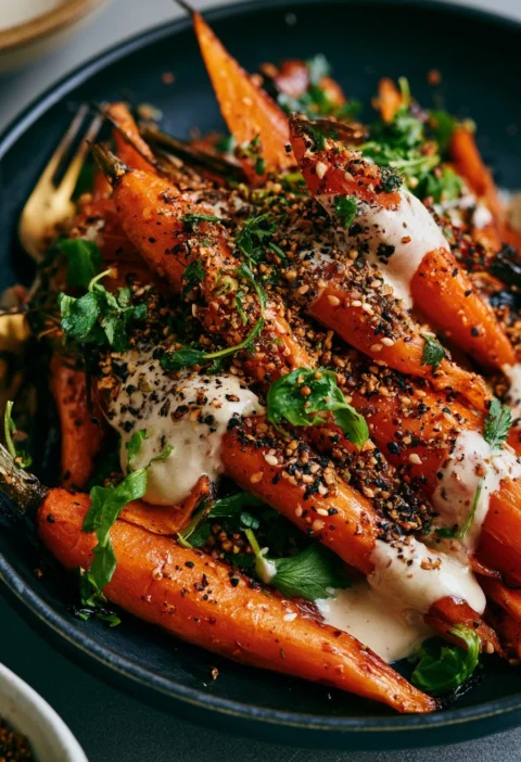Insalata di carote arrosto con tahini e dukkah su un piatto bianco