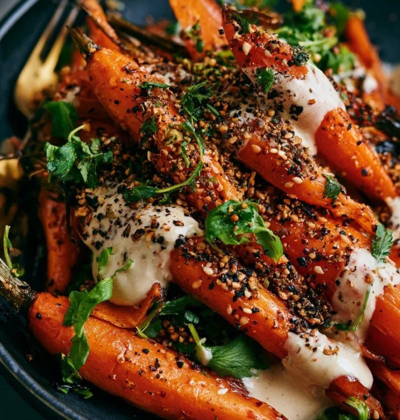 Insalata di carote arrosto con tahini e dukkah su un piatto bianco
