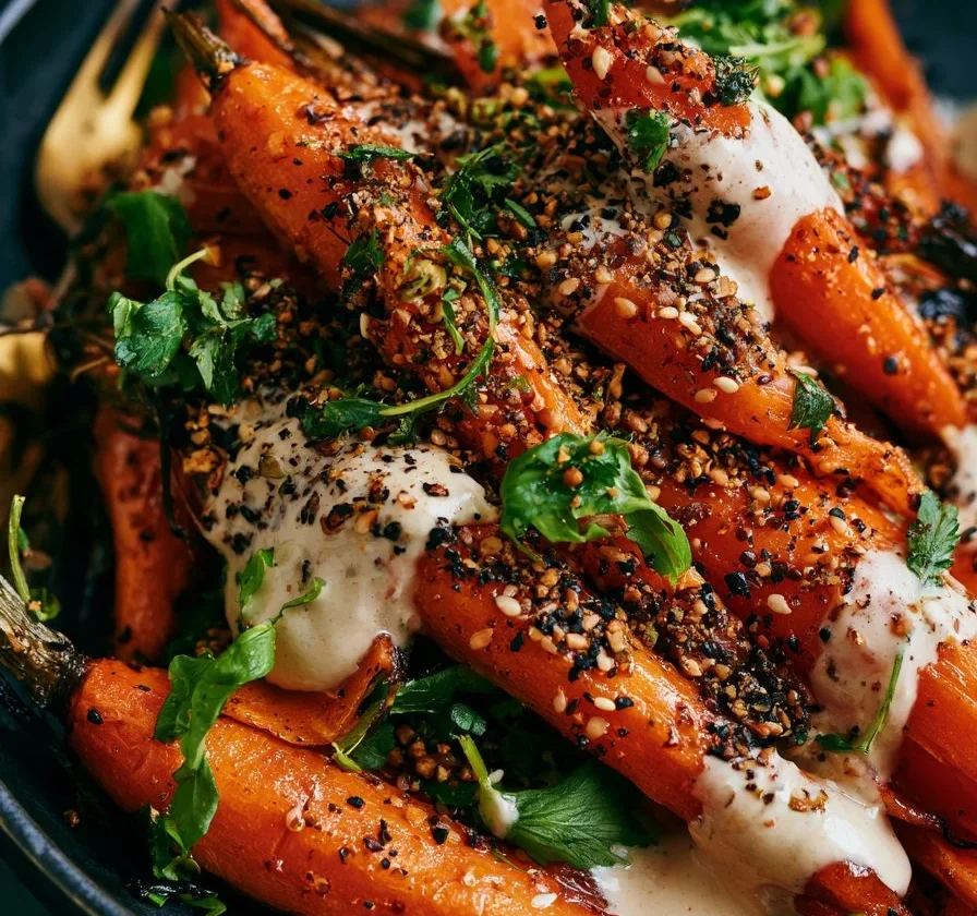 Insalata di carote arrosto con tahini e dukkah su un piatto bianco