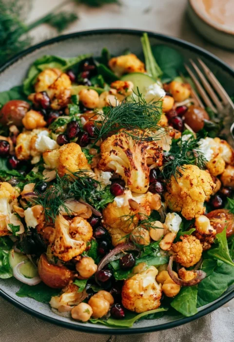 Insalata di cavolfiore arrosto con salsa miso in un piatto colorato.