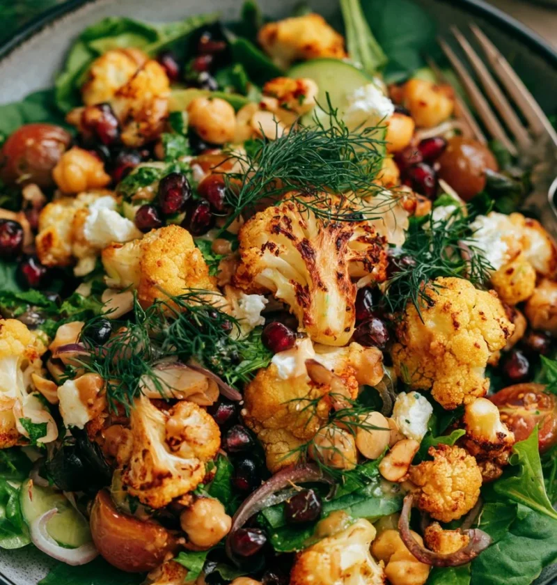 Insalata di cavolfiore arrosto con salsa miso in un piatto colorato.