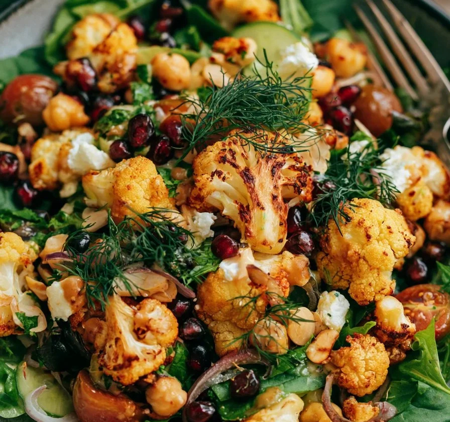 Insalata di cavolfiore arrosto con salsa miso in un piatto colorato.