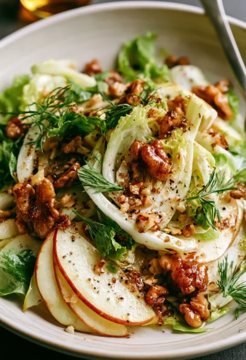 Insalata di Mele e Finocchio con Noci Caramellate in un piatto elegante