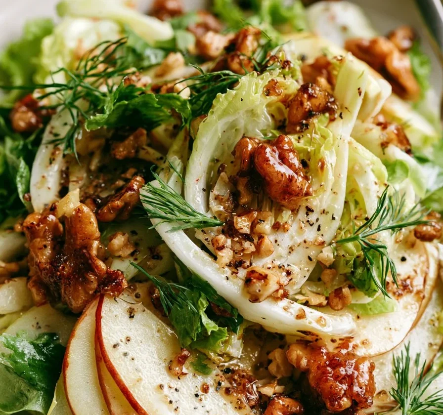 Insalata di Mele e Finocchio con Noci Caramellate in un piatto elegante