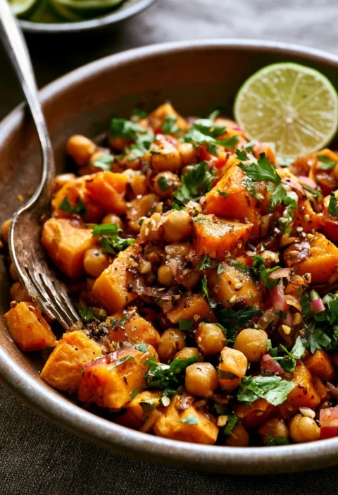 Insalata di patate dolci e ceci con lime su un piatto rustico