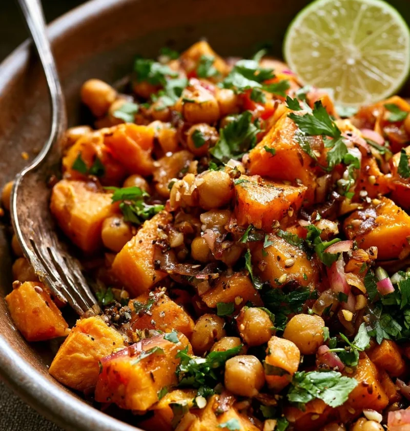 Insalata di patate dolci e ceci con lime su un piatto rustico