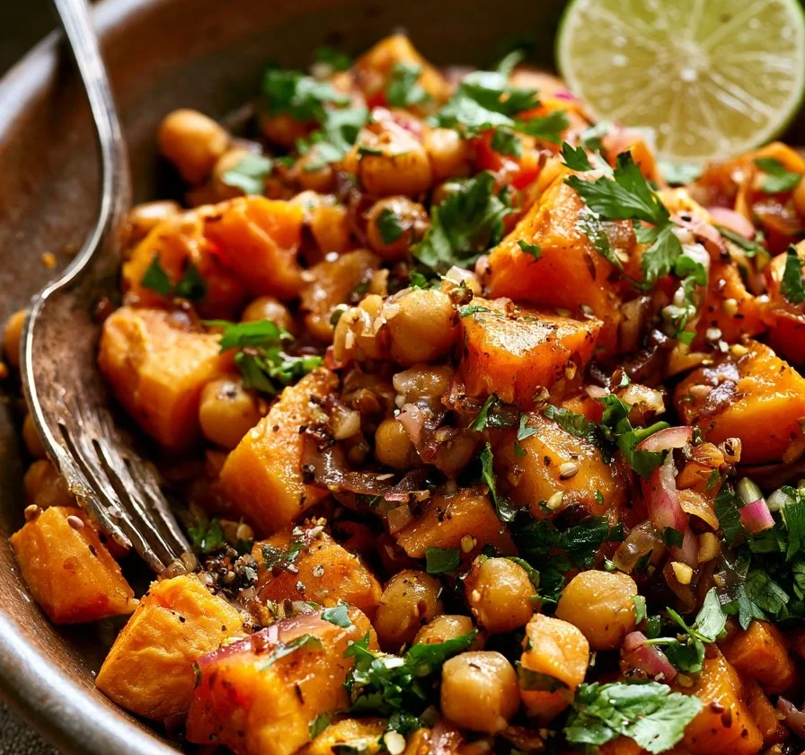 Insalata di patate dolci e ceci con lime su un piatto rustico