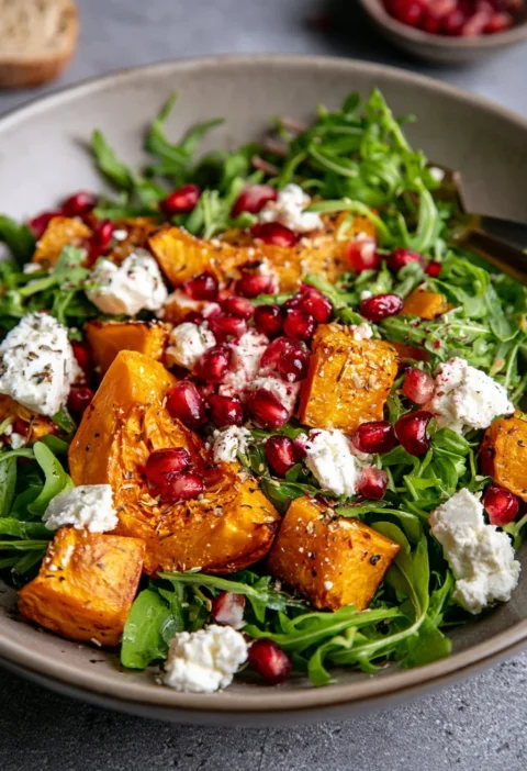 Insalata di zucca arrostita con feta e melograno in un piatto elegante.
