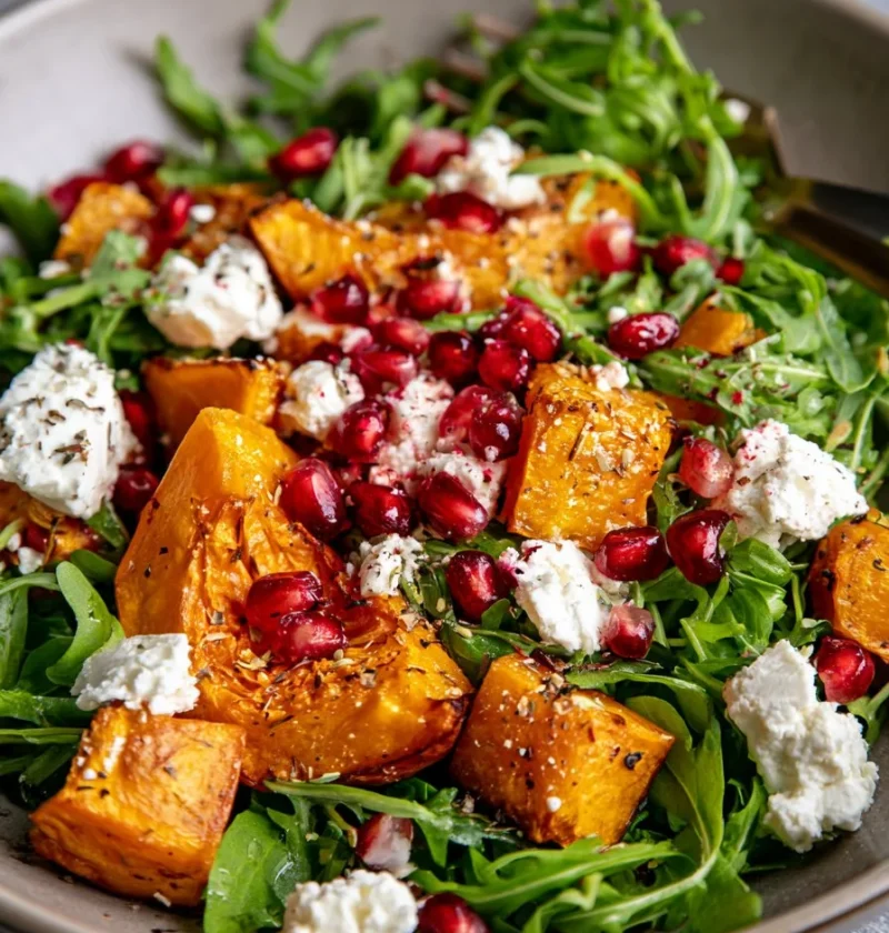 Insalata di zucca arrostita con feta e melograno in un piatto elegante.