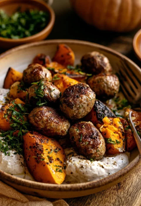 Kofta di agnello con zucca e salsa tahini su piatto colorato