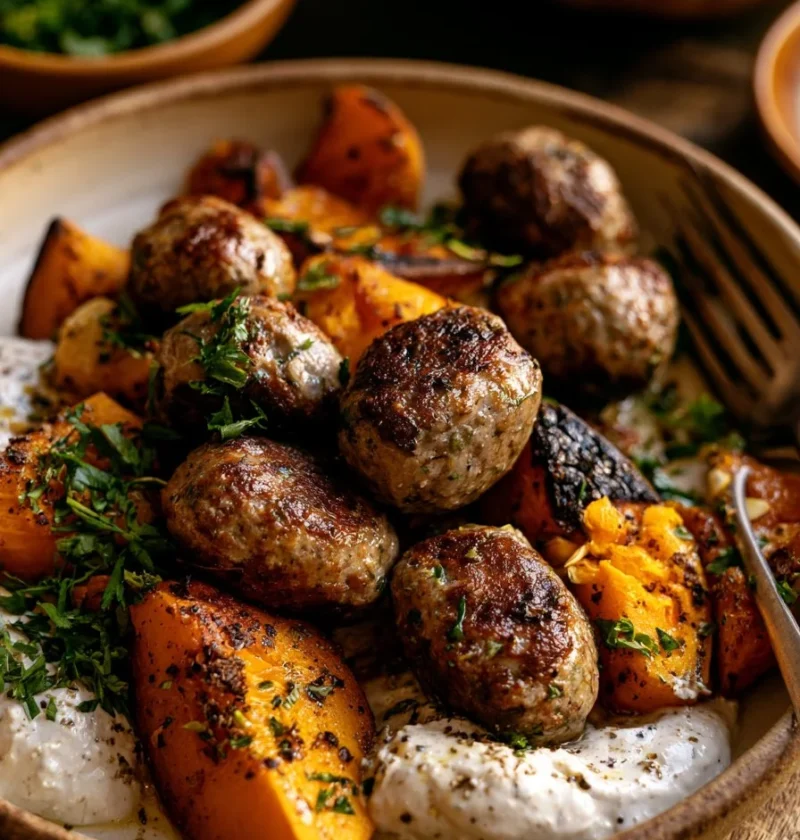 Kofta di agnello con zucca e salsa tahini su piatto colorato