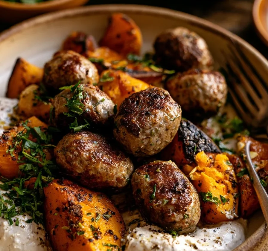 Kofta di agnello con zucca e salsa tahini su piatto colorato