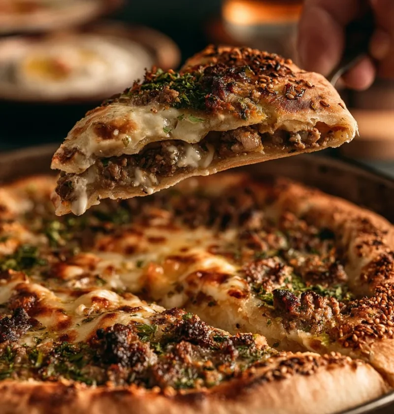 Lamb Siniyah cotto con crosta di tahini sul piatto