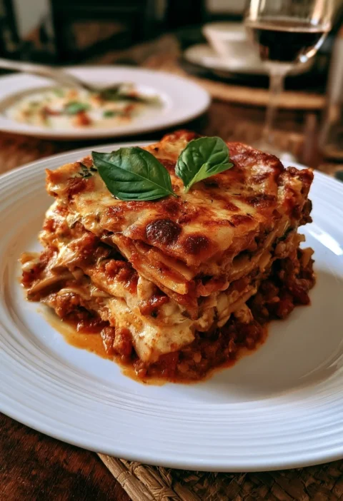 Lasagna di funghi piccanti servita su un piatto, pronta da gustare.