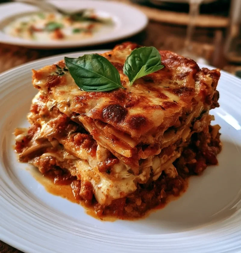 Lasagna di funghi piccanti servita su un piatto, pronta da gustare.