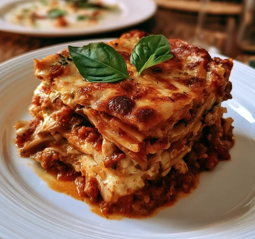 Lasagna di funghi piccanti servita su un piatto, pronta da gustare.