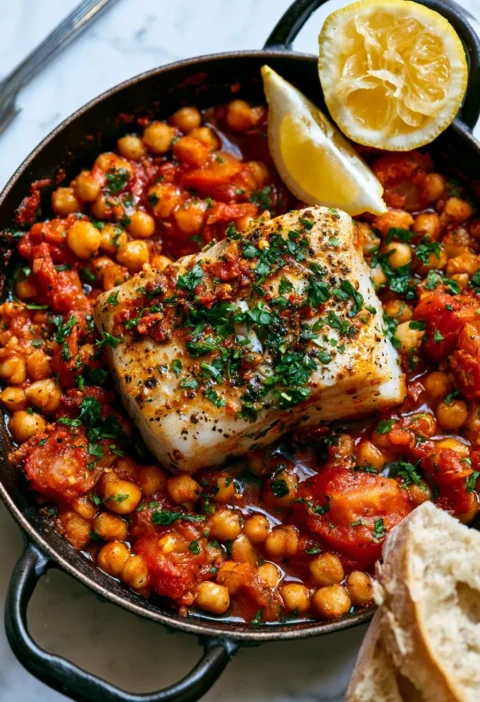 Merluzzo con Ceci, Pomodoro e Harissa in un piatto colorato