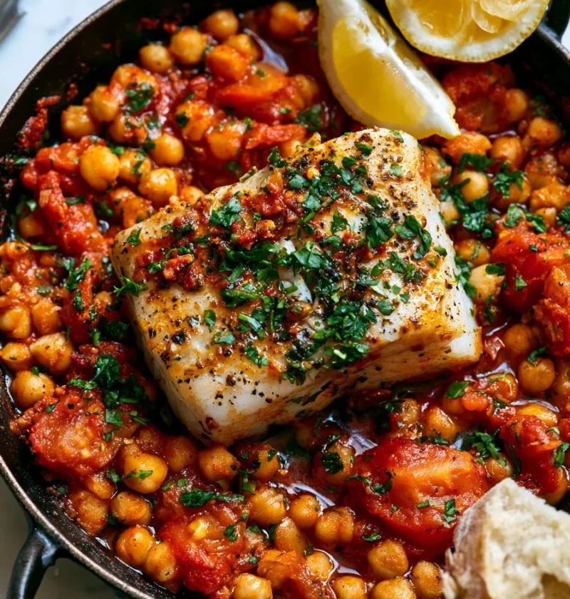 Merluzzo con Ceci, Pomodoro e Harissa in un piatto colorato
